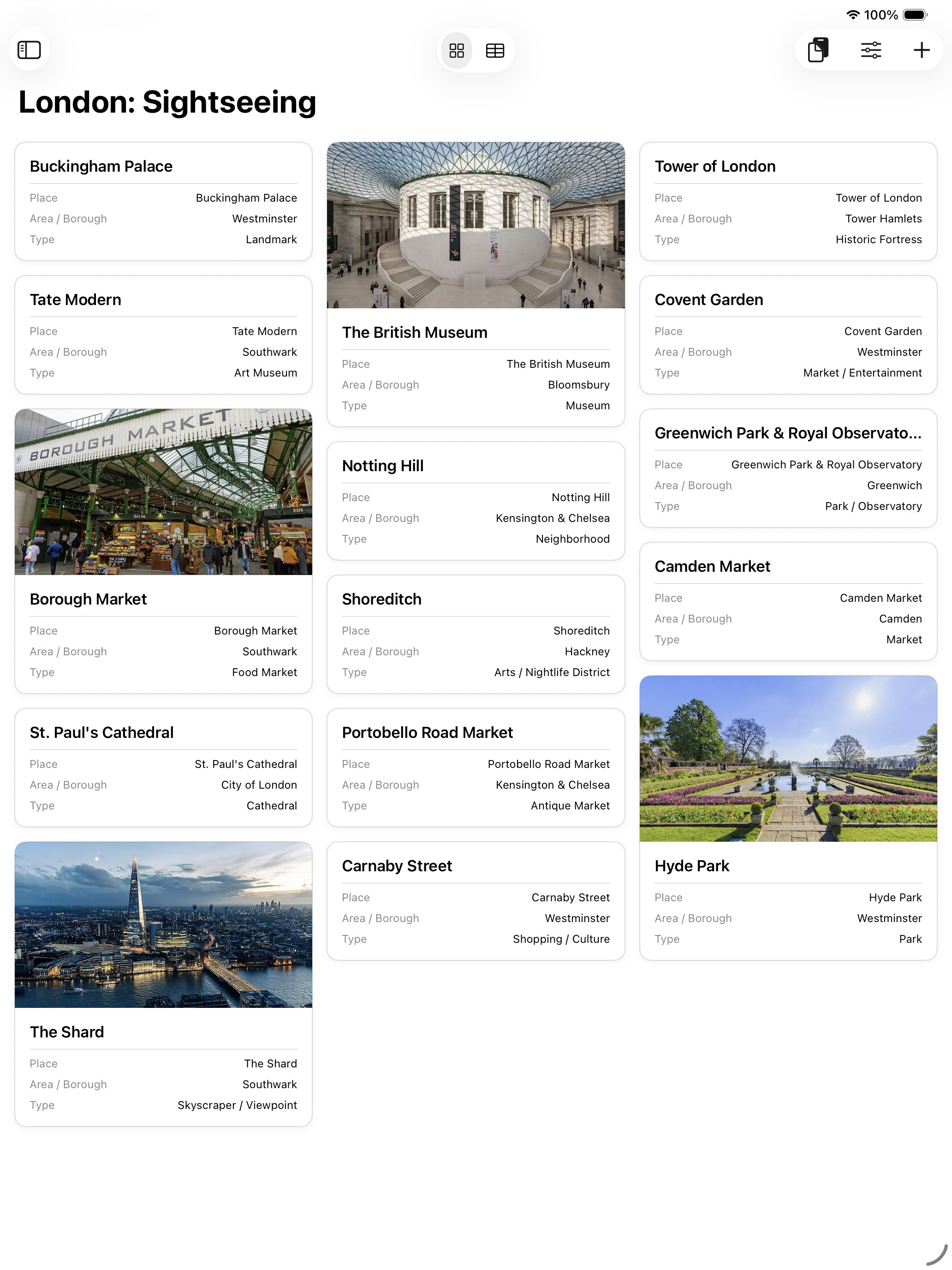 Grid layout of a London sighseeeting card data base with images and text.